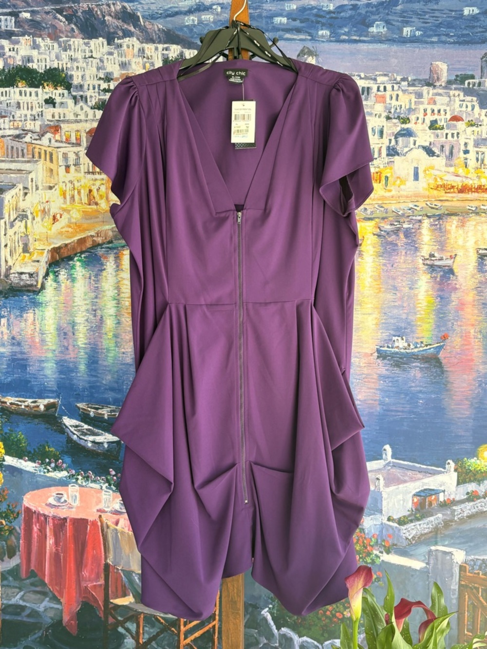 City Chic Purple Zip-Front Draped Midi Dress